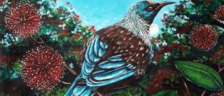 Wine and Paint Party - Tui nestled in a Pohutakawa Branch