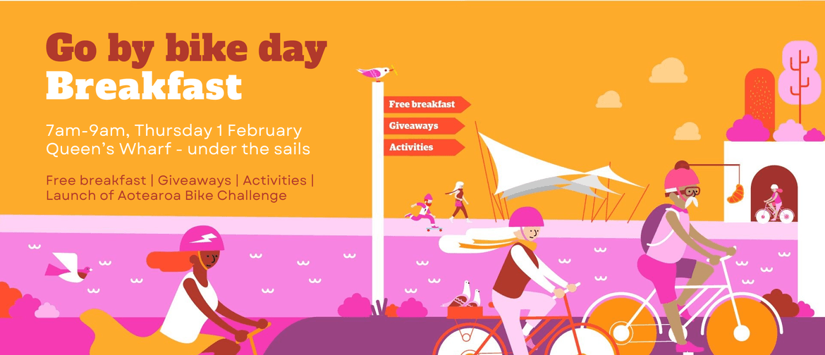 Go By Bike Day / Aotearoa Bike Challenge event banner. Pink and orange with cartoon people biking and eating breakfast.
