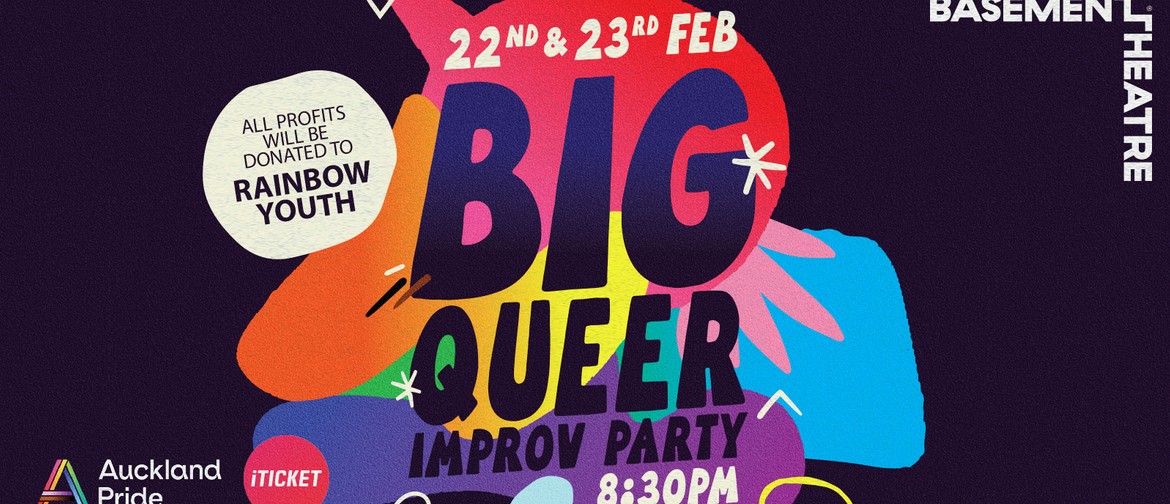 Queer comedy rainbow party improvised show poster featuring rainbow letters on black background