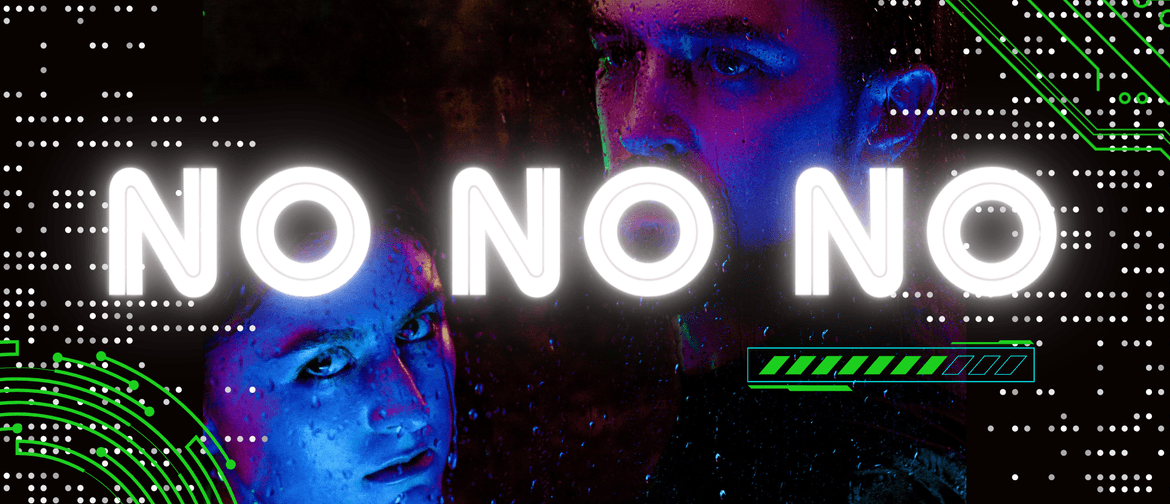 A man and a woman, in a dark, neon, rainy setting with sci-fi elements. NO NO NO written in glowing neon. 