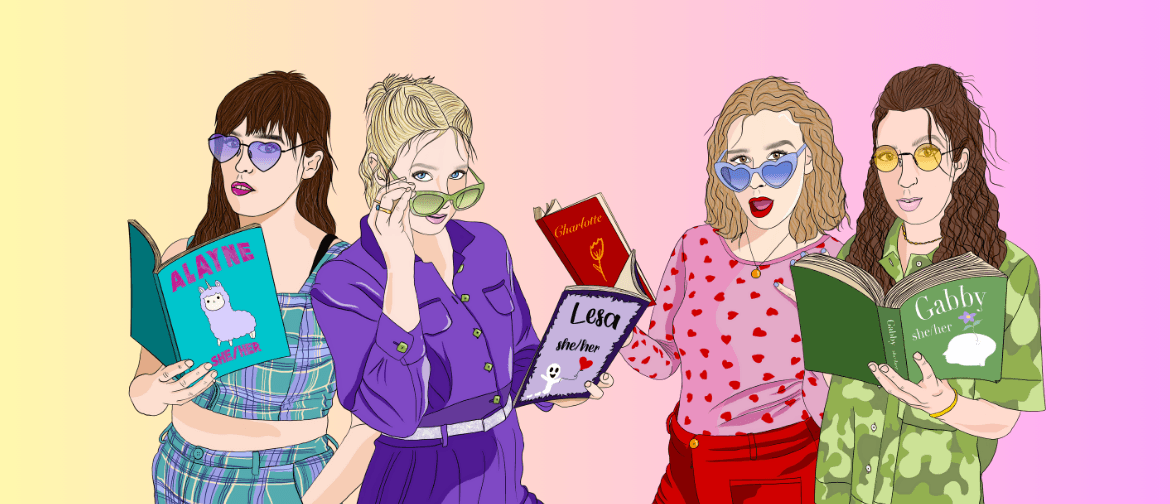 An illustration of comedy improv company Tiny Doig, who are all holding books and looking very fashionable.