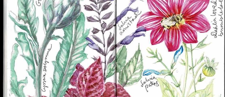 Open pages of a ring bound journal show water colour sketches of leaves and flowers filling both pages with handwritten notes next to each.