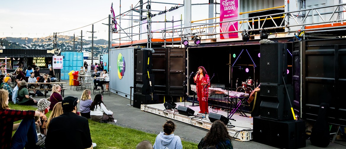A stage made of shipping containers has been constructed in front of a patch of green grass. A person dressed in a flowing red dress performs into a microphone, while an audience sits on the grass and watches.