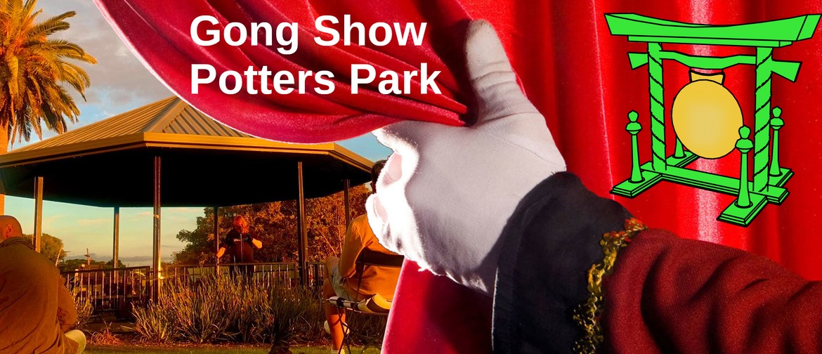 A gloved hand draws back a curtain to reveal a comedian performing in a park. A drawing of a gong is superimposed.