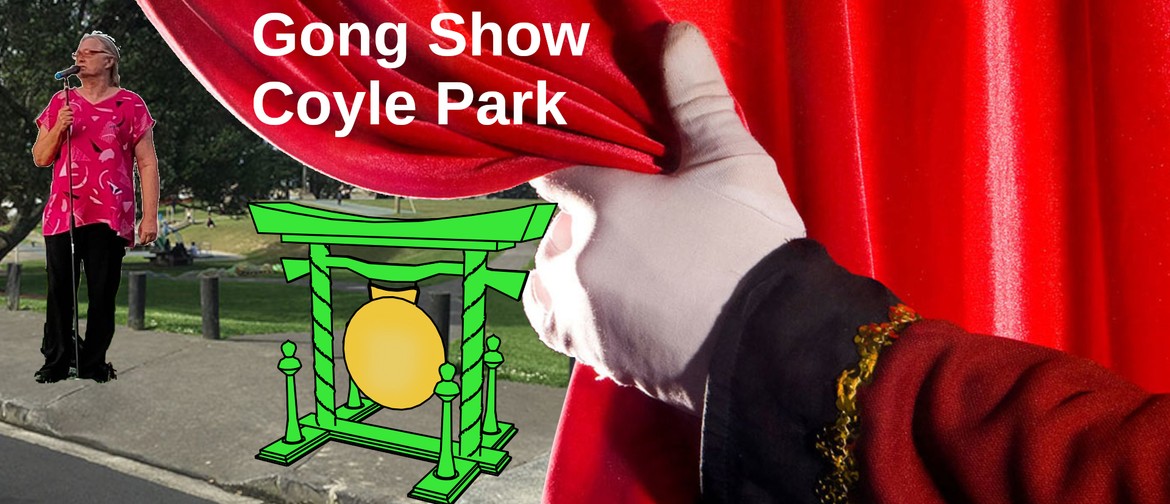 A gloved hand pulls back a curtain to reveal a comedian performing. A cartoon gong is superimposed.