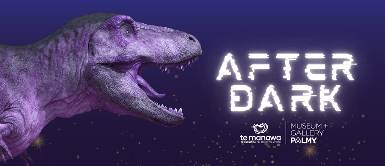 Promotional banner for a dinosaur themed event called After Dark. Image shows life-like render of a t-rex on a magical purple background with stars. 