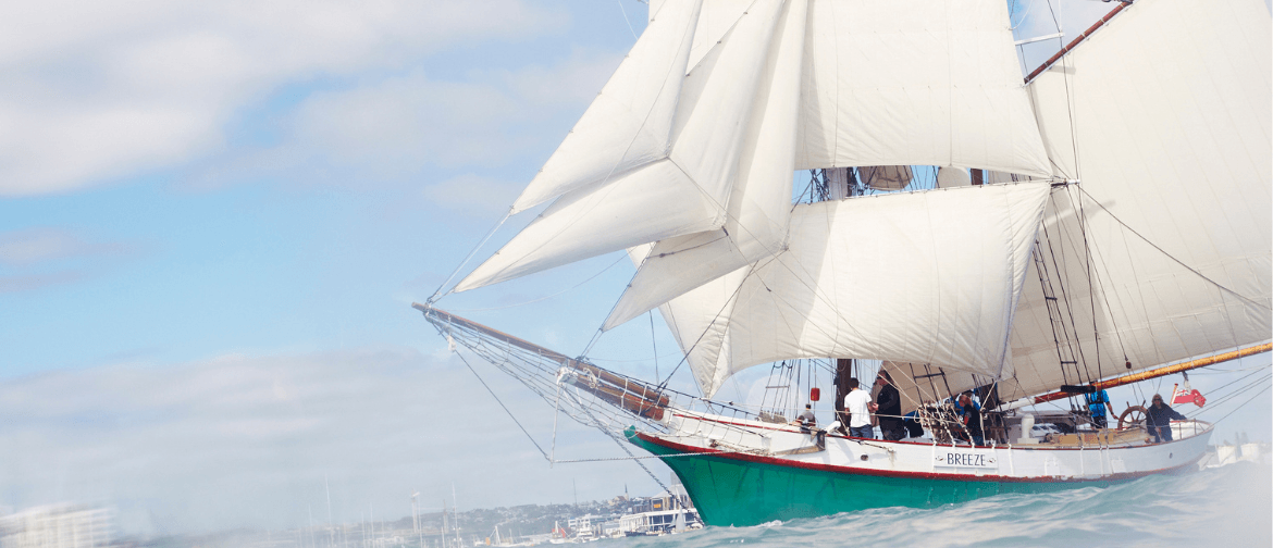 The Breeze brigantine sailing boat with all sails raised on the Waitematā