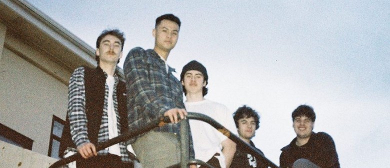 Five members of band SOL FIDE pictured on a cropped balcony and against a grainy blue sky.