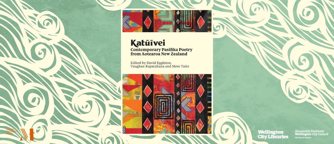 Cover image of book Katūīvei Contemporary Pasifika Poetry from Aotearoa New Zealand on a sea gream background with creme wave pattern.