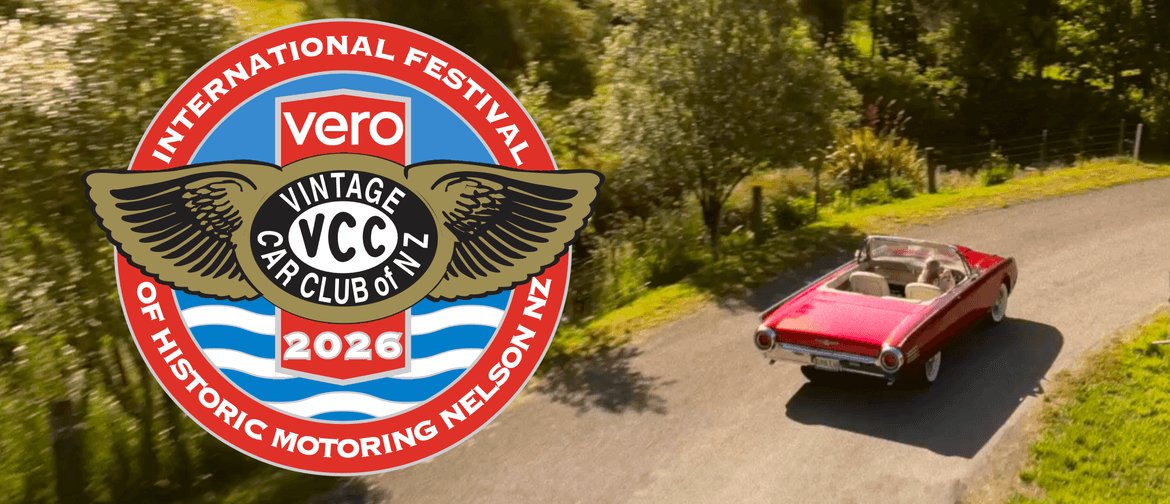 Vero Festival of Historic Motoring badge over a view of a classic car travelling on a country road in Nelson Tasman
