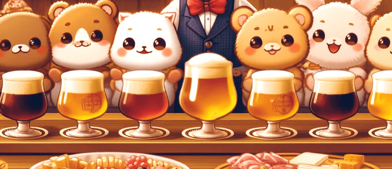 A Kawaii-style illustration depicting the cheerful Belgian beer tasting event.