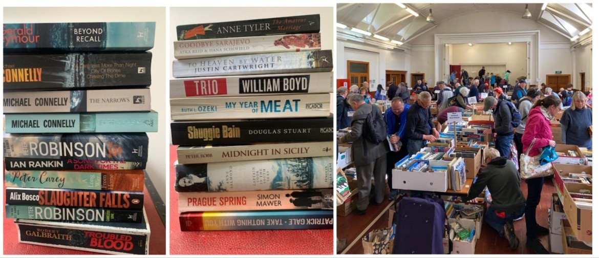 A coillage of three images of fiction  and people browsing at the 2023 Book Fair