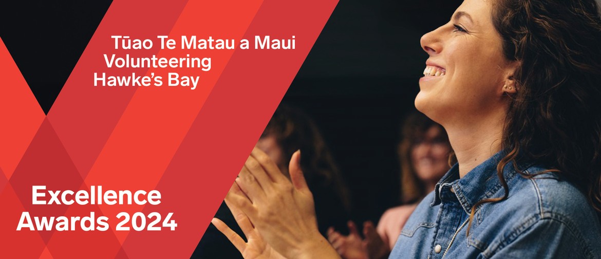 A woman clapping and text about the Volunteer Hawke's Bay Excellence Awards 2024