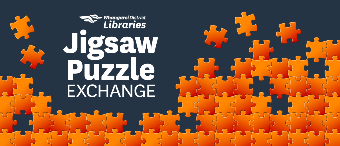 Whangarei District Libraries logo with jigsaw puzzle pieces. 