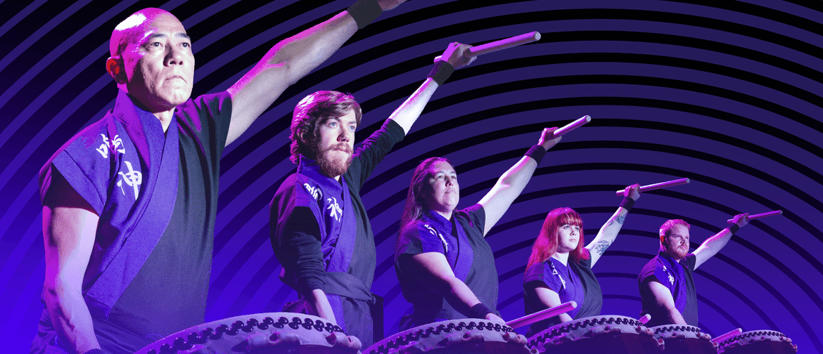 NarukamI Taiko - Resonance 5 people stand strongly with arms raised while hitting drums in front of them