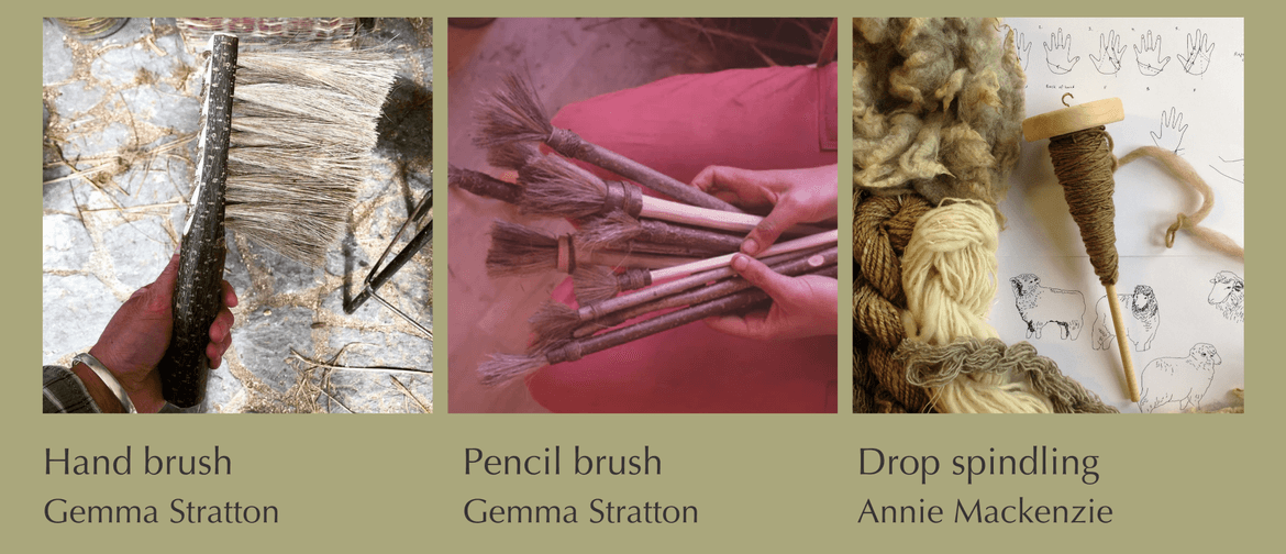 Picture shows images of 3 workshops: hand brush, pencil brush and drop spindling, with titles and names