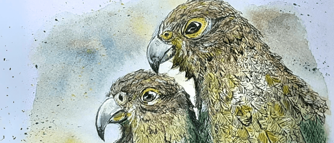 A detailed watercolor painting of two birds with yellow-rimmed eyes and intricate green and brown feathers, positioned closely together against a softly colored background.