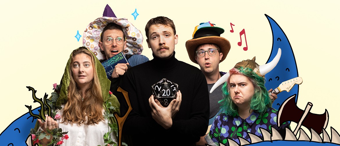 Dungeons and Dragons characters real photo of dungeon master, druid, fighter, wizard, and bard with illustrated magic and dragons for improv show