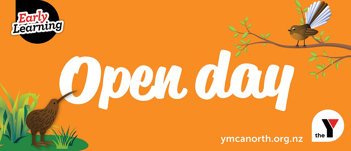 Early Learning Open Day Text reading "school holidays kids will love. Fun. Done. Right." Bright orange background with purple and blue fun doodle style elements in foreground. The Y brand image in right hand corner.