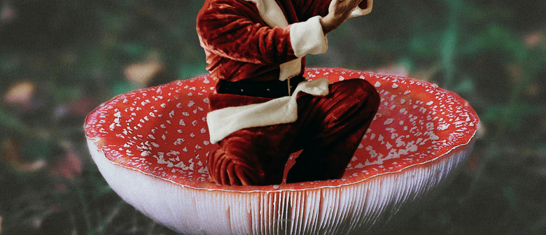 Christmas Collage Workshop Santa sitting on a mushroom, holding up a gift.
