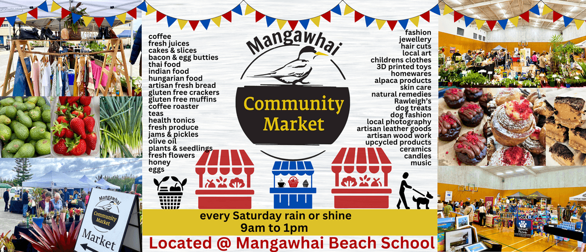 Mangawhai Community Market Logo with a list of products and collage of market pictures, including produce and sweet treats