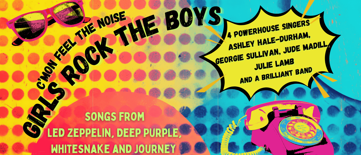 Girls Rock the Boys pop art banner poster with sunglasses and a rotary telephone, with details of the singers in a "wow" bubble