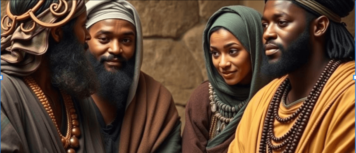 Queer Eye for the Biblical Guy Four biblical characters of different genders looking at each other
