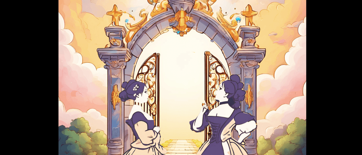 An Enchantment of Nightingales The image shows two female divas facing each other while standing in front of colourful heaven's gates