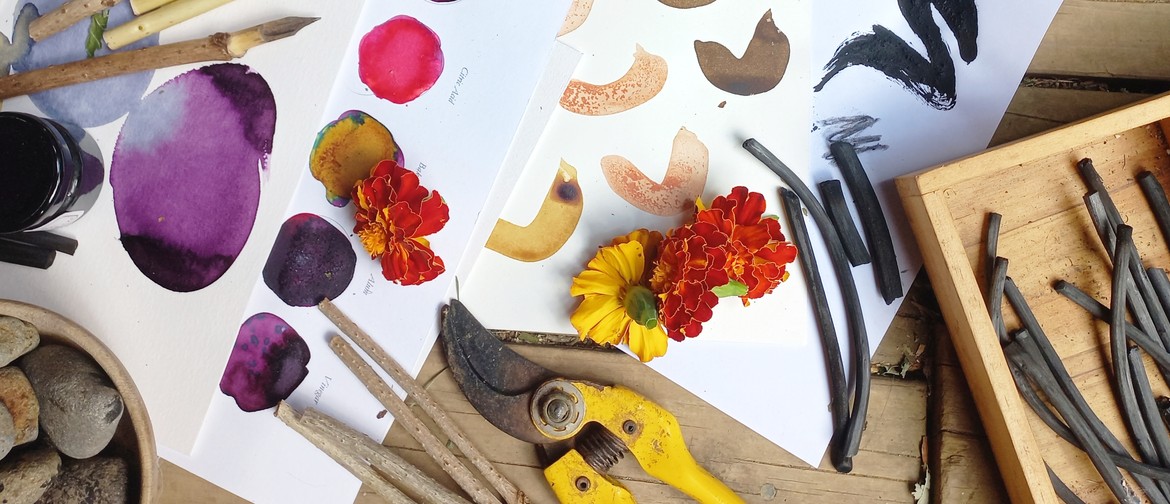 Make Eco Art Materials with Wild Studio Harvested plant materials, colourful ink tests and drawing charcoal sticks
