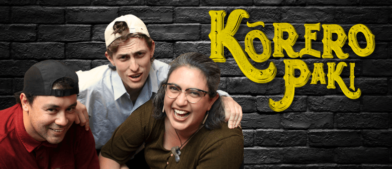 Kōrero Paki - Improv at NZICF Two men and a woman clustered together left of the image, smiling and laughing casually. Text of the show title on right.