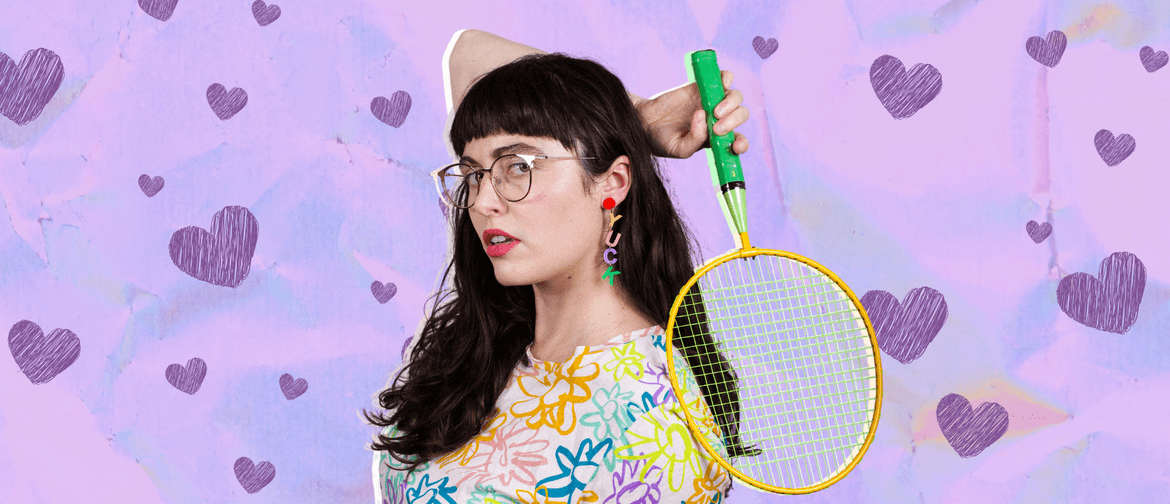 Purple is the Gayest Colour - NZICF A woman holds a toy racket on a purple background.