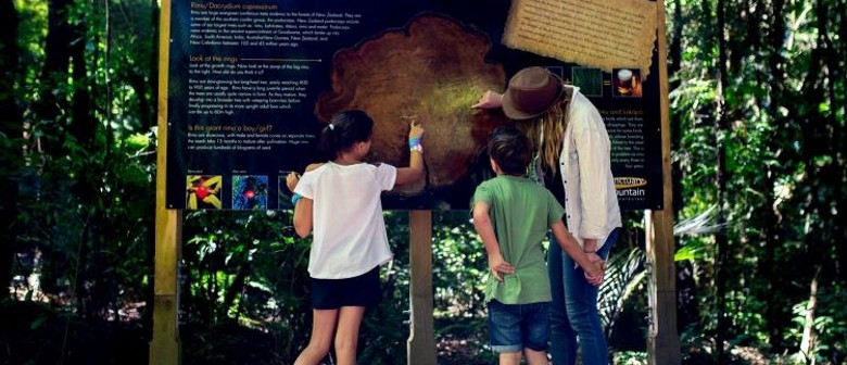 April School Holidays A family looks at a piece of Rimu tree on a sign in the Southern Enclosure at Sanctuary Mountain Maungatautari