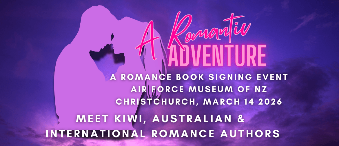 A Silhouette of a kissing couple against a purple cloudy background, with the text: A Romantic Adventure A romance book signing event air force museum of nz christchurch, march 14 2026