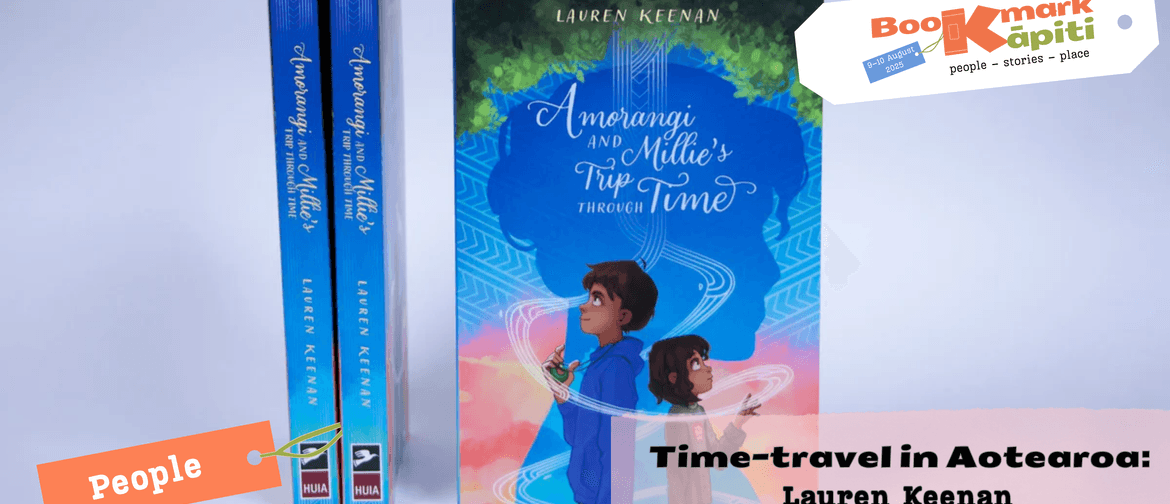 Image shows Lauren Keenan's book cover for Amorangi and Milli's trip through time, depicting the children standing back to back looking up. The boy on left wears a hoodie and is taller than the  girl on right in a sweater. Behind them is the silhouette of