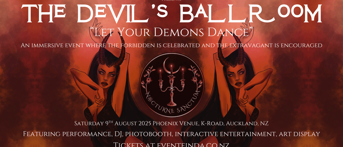 The Devil’s Ballroom 2025 The image is a banner poster featuring hand drawn artwork of a beautiful Demoness dancing with her arms up. She has king black hair and slender horns on her head. She is wearing a black leotard.